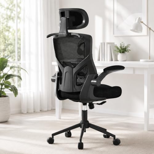 Image of Office Chair for Long Hours & Lower Back Pain Relief - 4 inch Thick Molded Foam Cushion, Padded Lumbar Support and Flip-up Armrests, Ideal for Office or Study (Modern, Black-HR)