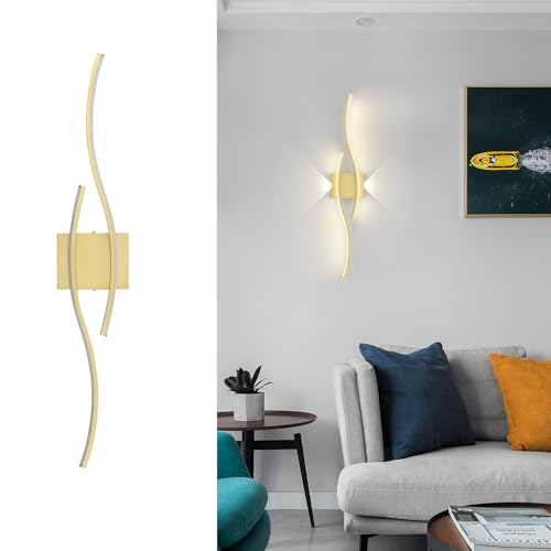 Image of DEYNITE Modern Gold Creative Wave Strip Led Wall Light Fixture Industrial Wall Sconce for Bathroom Hallway Staircase Entryway 3000K Warm Light