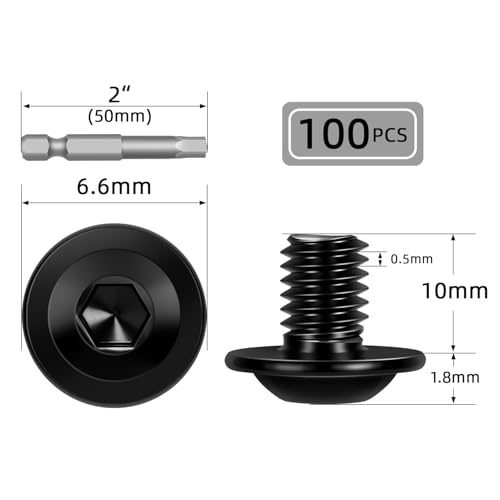 Image of M3-0.5 x 10mm 100 PCS Flanged Button Head Socket Cap Bolts Screws, Stainless Steel 304, Allen Socket Drive, Screwdriver Bit Included, Black Finish, Fully Machine Thread