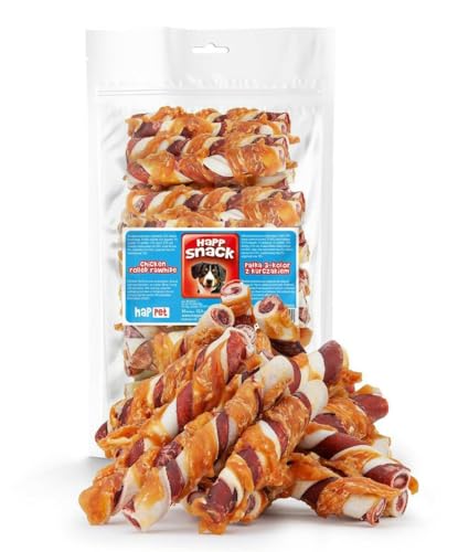 HAPPET Golosinas para perros, palillo de 3 colores con pollo 12,5 cm, mordedor dental natural de piel de vaca y carne de pollo, bocadillos masticables saludables, 30 unidades