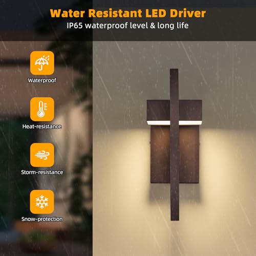 Image of tewei Modern LED Outdoor Wall Sconce Brown Outdoor Lights for House, 13.7'' LED Exterior Lighting Fixtures Outside Wall Mount Lights for Front Porch Hallway, Warm White 3000K, 2 Pack