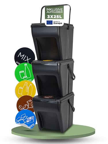 Novaliv Mülltrennsystem Set - 3x 25L Mülleimer Trennsystem - Mülleimer 4 Fächer - Mülltrennsysteme stapelbar - Mülltrennung Recycling Behälter - Abfalltrennsystem - Müll Organizer Müllsortierer