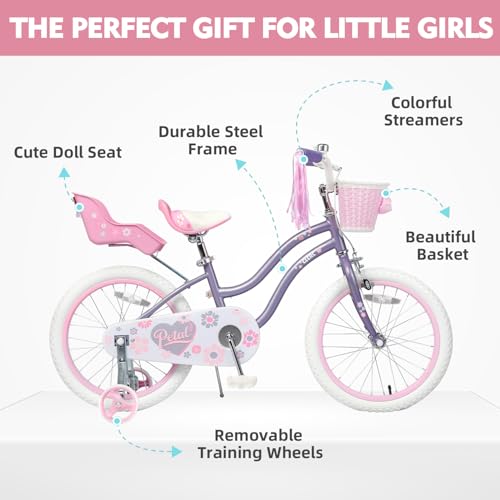 Image of Glerc Petal Girls Bike 12-18 Inch for Ages 2-9, Kids Bike with Training Wheels, Basket & Streamers, Princess Style Kids Bicycle, for Girls