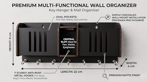 Image of Wall Mount Key Holder & Mail Organizer | Laser-Cut Key Hanger with 7 Metal Hooks, Letter Rack & Pen Stand | Wooden Wall Decor for Entryway, Living Room, Home & Office (Vertical Slat)