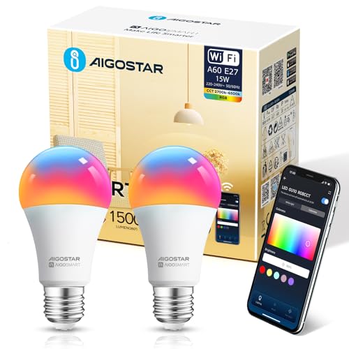Aigostar Lampadina LED Alexa Inteligente WiFi E27 SL2 Dimmerabile Lampadine Smart 15W 1500ML 98W equivalente, RGB & 2700K-6500K, compatibile con Alexa/Google Home, 2 pezzi