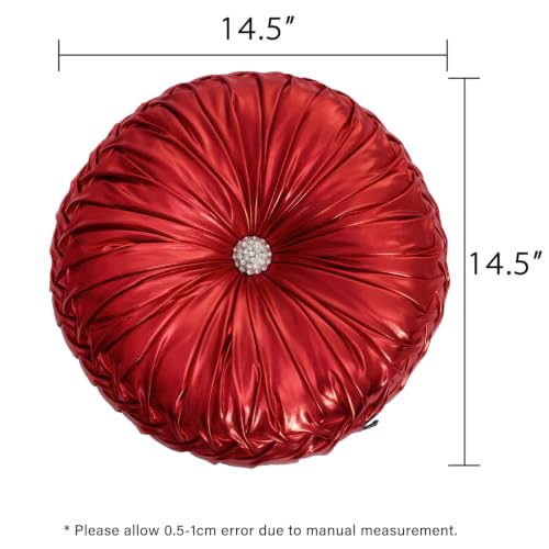 Image of HIG Set of 2 Red Metallic Leather Decorative Round Pleated Throw Pillows | Vintage Floor Pillows, Classy Accent Pumpkin with Center Button, for Sofa Couch Vanity Chair Bed, 14.5 inch Diameter