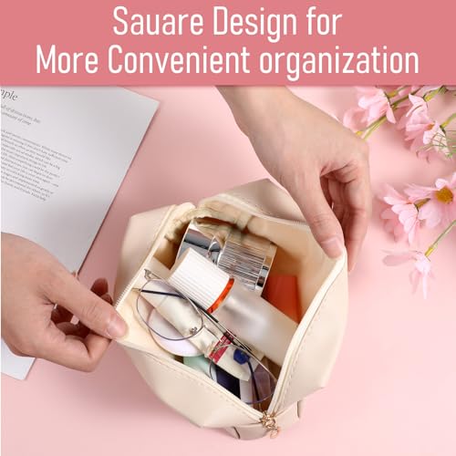 8 Pcs Makeup Bag Pu Leather Cosmetic Pouch Waterproof Small Toiletry Bag Portable Cosmetic Organizer Water Resistant Storage Purse for Lady Women Daily Storage Travel Organizer (Beige,Medium) 5