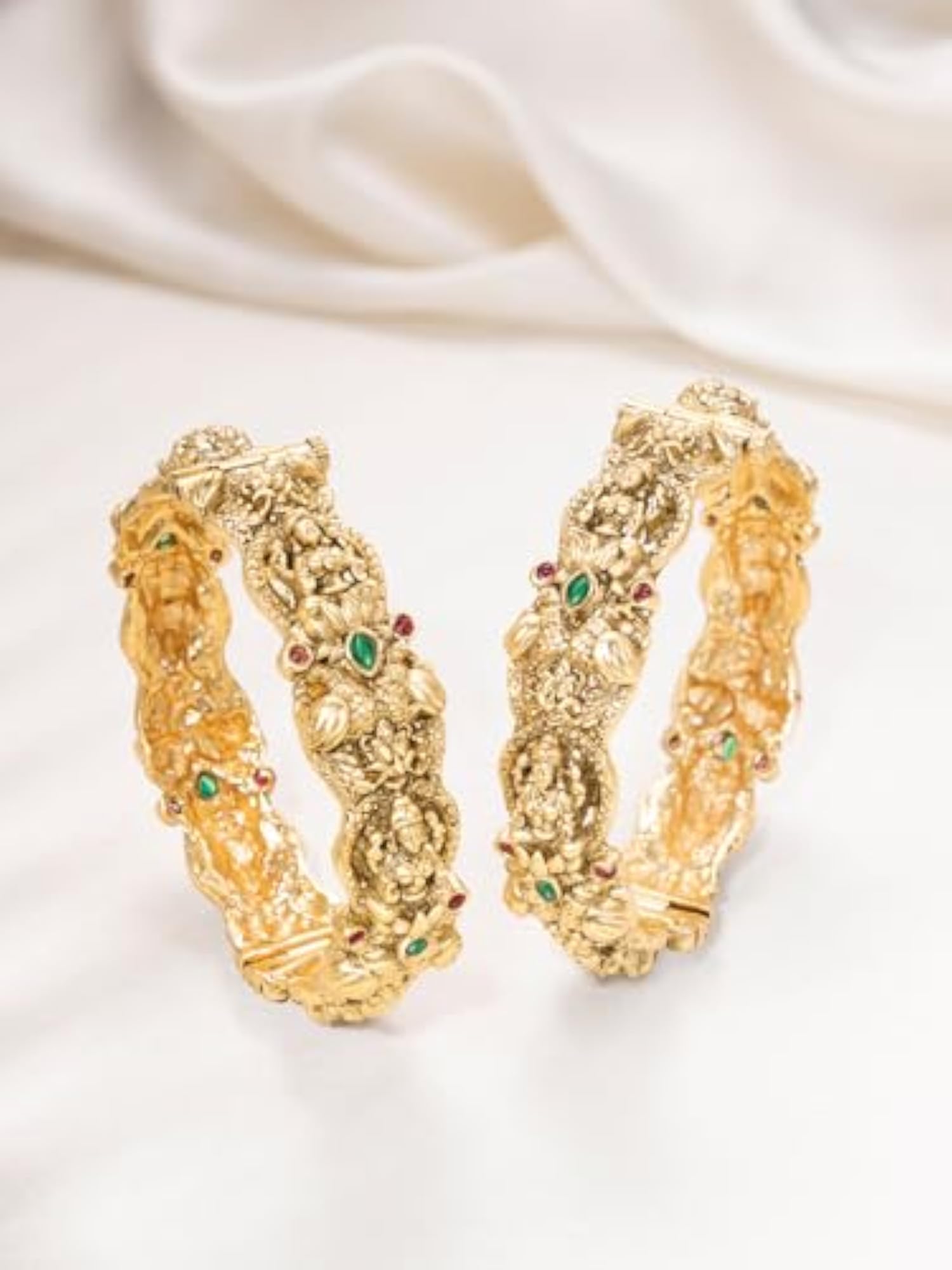 Gold Plated Faux Ruby & Emerald Studded Ethnic Bangles for Women