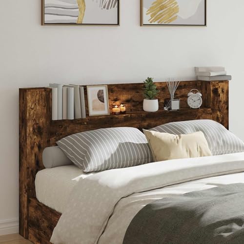 Teenpull Armario de cabecero con iluminación LED en madera de roble ahumado, 180 x 16,5 x 103,5 cm, montaje en pared, estantería para dormitorio, habitación de invitados, habitación juvenil con