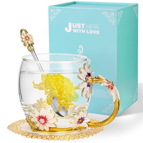 Flower Tea Cup, Wisolt Lead-Free Handmade Glass Enamel Mugs with Delicate Spoon