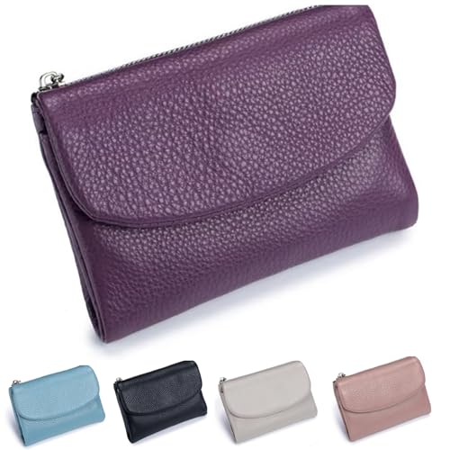 Unisex Pebble Leather Wallet, Small Wallets for Women, Coin Holder & Cash Slots, Genuine Leather Wallets for Men and Women, Small Compact Bifold Pocket Purse with Credit Card Holder (Purple-A)