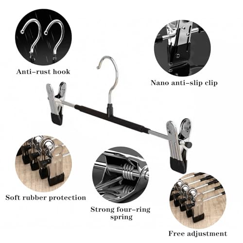 Dunkwckore 10 Stück Hosenbügel Klemmbügel, Hosenspanner Kleiderbügel aus Metall, Platzsparend Rockbügel, rutschfeste Gummierte und Verstellbare Klammern für Hängende Hosen Socken Mäntel, Schwarz