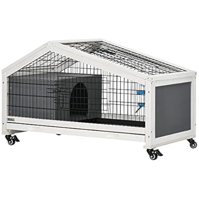 PawHut Rabbit Hutch, Guinea Pig Cage, Small Animal House Bunny Run w/Water Bottle, Wheels, Plastic Slide-Out Tray, for Indoors - Dark Grey