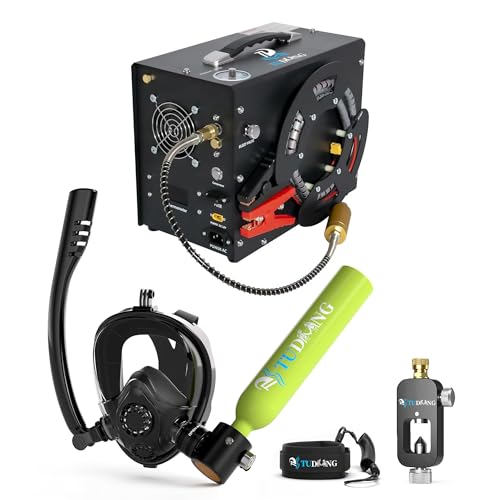 Tanque de Buceo TUDIVING de 0.5L, Tanque de pulmón con compresor, Mini Cilindro de oxígeno con máscara Facial Completa para Trabajo subacuático(Green S200Plus A3+Air Compressor)