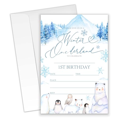 XZMBQ Winter Onederland 1st Birthday Invitations 20 Winter Wonderland Birthday Party invitation Cards 4x6 with Envelopes Cute Polar Bear & Penguin Design Snowflake Theme.(183)