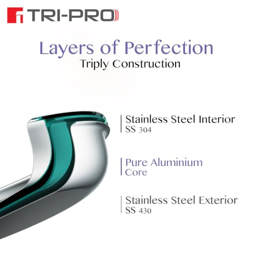 Image of TriPro TriPly Stainless Steel 3 Pcs Cookware Set - Kadai 22cm (2.3L) and Frypan 22cm (1L) with a Common Stainless Steel Lid, Consumes Less Oil, Healthy Cooking - Induction and Gas Stove Ready