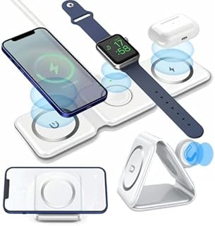 Quipcore 3 in 1 Foldable Wireless Charging Charger Station, 15W MagSafe Compatible with iPhone 14/13/12/SE/11/XS/8,Samsung Galaxy, Apple Watch and AirPods (white)