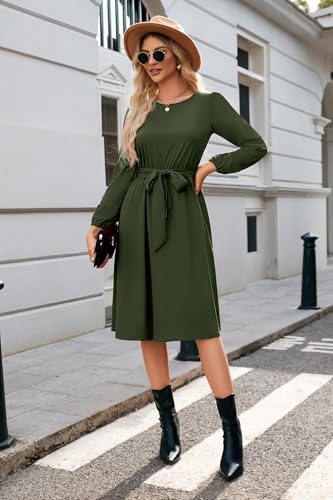 Image of Newshows Womens Long Sleeve Casual Dresses 2025 Business Work Teacher Fall Church Belted A Line Flowy Midi Dress