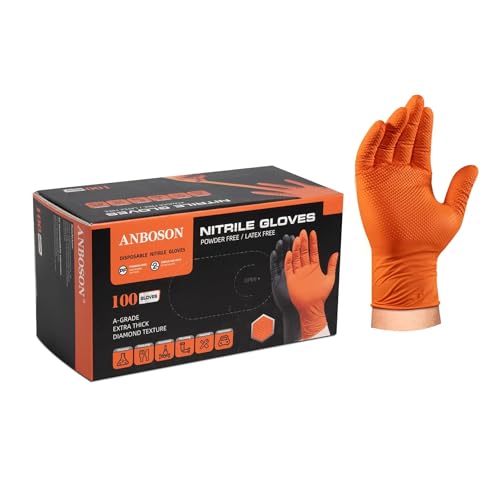 10mil Nitrile-Gloves Disposable-Orange Chemical-Resistant Rubber - Mechanic Gloves Heavy Duty Latex Free Diamond Grip (100, Large)