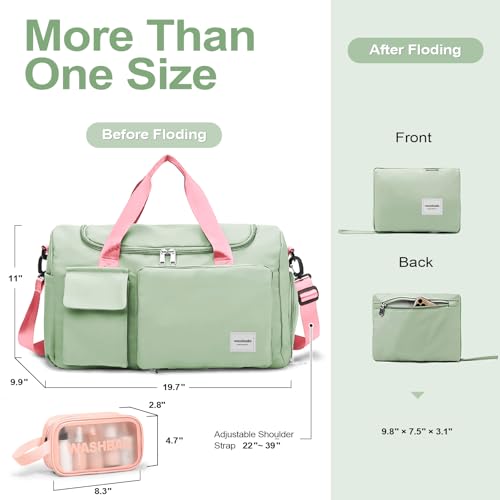 WOOMADA Foldable Travel Duffel Bag with Shoes Compartment, Overnight Bag with Wet Pocket, Weekender Carry On with cosmetic bag for Women(green&pink)2