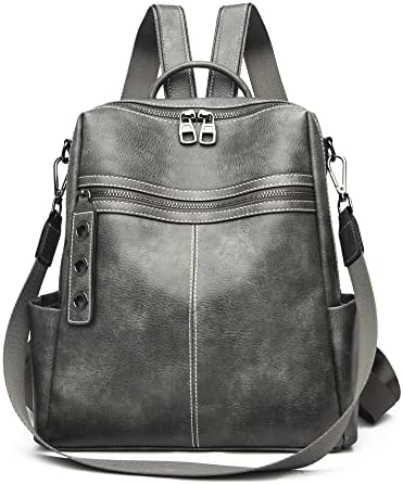 Maxoner Small Leather Womens Backpack Purse for Women Brown Fashion Convertible Bookbag, Shoulder Handbag Travel Bag Satchel Rucksack Ladies Sling Bag (Faux Leather Grey 1)
