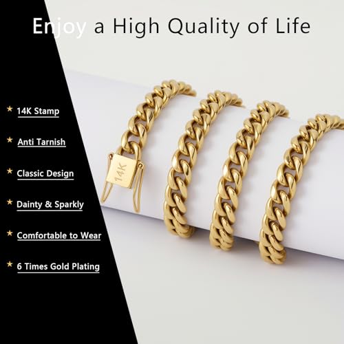 6mm 8mm 14K Real Gold Plated Miami Cuban Link Chain Bracelet 316L Stainless Steel Thick Hypoallergenic Hip Hop Jewelry for Mens Women Christmas Birthday Gift2