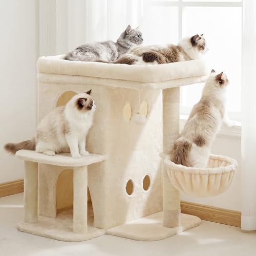Heybly Arbre à Chat, Tour de 65 cm pour Grands Chats avec Plateforme Spacieuse, Cabines Double Couche, Poteaux à Griffes en Sisal, Panier Confortable et Pompon, Beige...