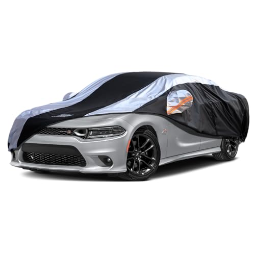 Dodge Charger Car Cover Waterproof All Weather with Silver Strip Design, Custom Fit for Dodge Charger 2006–2023, Charger Accessory with Door Zipper & Windproof Straps