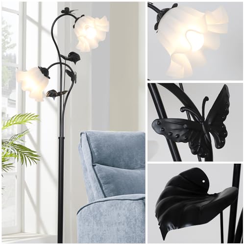Image of HMVPL Black Floor Lamp for Living Room, Flower Standing Lamp with 2 LED 5W Blubs, Foot Switch, Floral Tall Lamp with Acrylic Shade, Antique Lotus Flower Floor Lamp for Living Room Office Reading