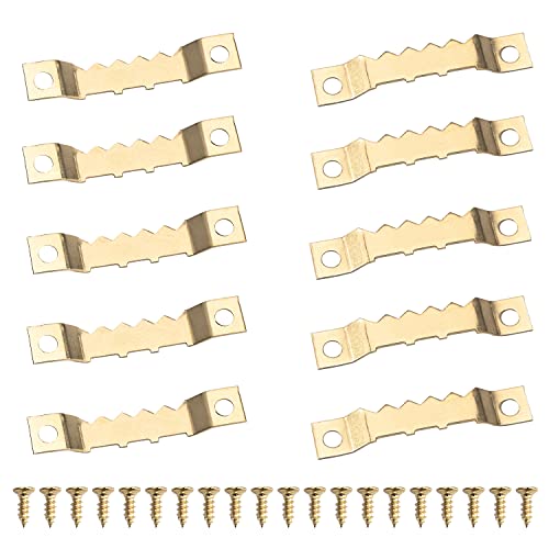 Image of MroMax 10PCS Sawtooth Picture Hangers Iron Picture Hangers 1.85 inch x 0.31 inch Double Hole Picture Frames Hangers for Hanging Clock Paintings Artwork Picture Frame Hook Photos Gold