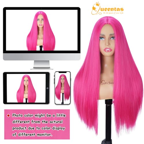 Image of QUEENTAS Hot Pink Wigs for Women 25 inch Straight Long Hair Wig for Halloween Cosplay Natural Looking Synthetic Glueless Wig