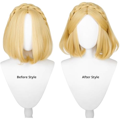 Image of Half and Half Short Blonde Princess Costume Wig Blonde Bob Braided Wigs 13.7'' Synthetic Hair for Halloween Women Party