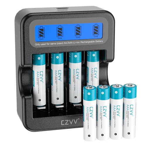 czvv Pilas Recargables AAA Litio 1,5V - LCD Cargador de Pila AA AAA con 8 Unidades Baterias Lithium Capacidad Alta 1100mWh - Ultra Rápido 2H - Duración 10 Años,1300 Ciclos para Juguetes, Afeitadoras