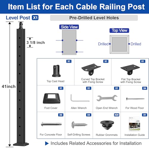 Image of BLIKA 42 inch Level Drilled Cable Railing Post(Post 41 inchx2 inchx2 inch), Stainless Steel Adjustable Line Post, Metal Deck Railing Posts, Top Mount Matte Black Cable Handrail Posts for Cable Railing Kits, BL01-LP