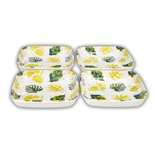 Image of SNKM - Melamine Quarter Snacks Plates | Leaf Printed Design | Set of 8 | Square | Unbreakable | Lightweight | for Snacks, Breakfast, Mughlai Lunch or Dinning | Yellow | Rectangular, Set of 8