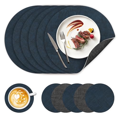 Image of 13 inch Round Placemats Set of 6, NCUE Dual-Sided Faux Leather Heat Resistant Table Mats, Waterproof Oilproof Washable Protective Table Placemats with Coaster, Wipeable Vinyl for Indoor & Outdoor Use