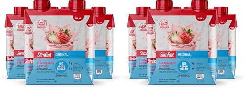 Image of SlimFast Meal Replacement Shake, Original Strawberries & Creme, No Added Sugar, Meal Replacement Shakes, 10g Ready to Drink Protein, 5g Fiber, 25 Vitamins and Minerals, 11 Fl. Oz, 12 Count (Pack of 2)