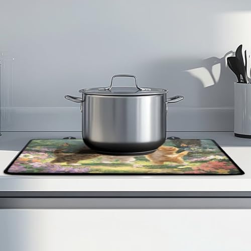Image of Poceacles Kitchen Decor Glass Stove Cover Stovetop Protector Foldable Electric Stove Top Protector Washer Dryer Top Cover for Home Decor, Cat Floral Green