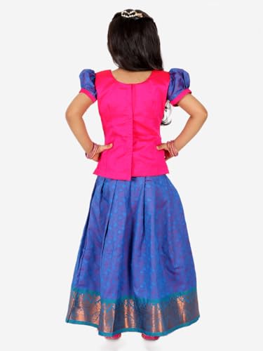 Image of BownBee Girls Silk Blend Pavda Pattu Lehenga Choli South Indian Traditional Ethnic Dress for Kids with Half Sleeves, Round neck, Back Hook Closure Dresses for Baby Girl