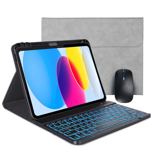 Case Keyboard for 11 inch iPad 11th (A16, 2025) / 10th Generation,Mouse and Detachable Wireless 7 Color Rainbow Backlight Magnetic Keyboard,Premium PU Leather Cover with Auto Sleep/Wake,Gray