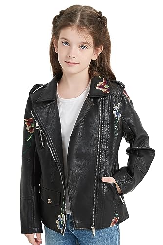 Giolshon Fall Girls Faux Leather Jacket for Kids PU Motorcycle Biker Outwear Children's Slim Coat