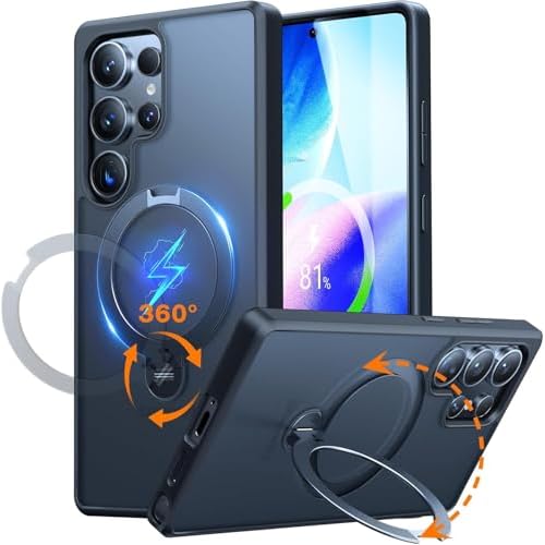 TORRAS 360 Spin Magnetic Stand for Galaxy Z Fold 7 Case, MIL-Grade Hinge Protection, Fit for Magsafe, 360 Kickstand & Ring Holder, Armor Hard Slim Case for Samsung Galaxy Z Fold 7, Black Bla