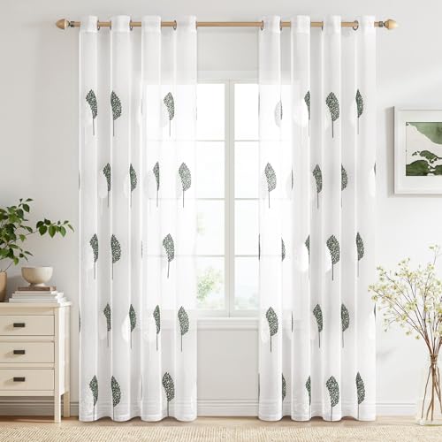 MIULEE Tende Interni Moderne 2 Pezzi 140x260 CM, Voile Tenda Finestra Interno Salotto, Tenda Trasparente con Ricami a Foglie Bianche e Verde Scuro, Fantasia Tende Camera da Letto Soggiorno Occhielli