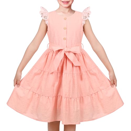 Sunny Fashion Girls Dress Coffee Solid Lace Trim Cap Sleeve Daily Student Party Cotton
