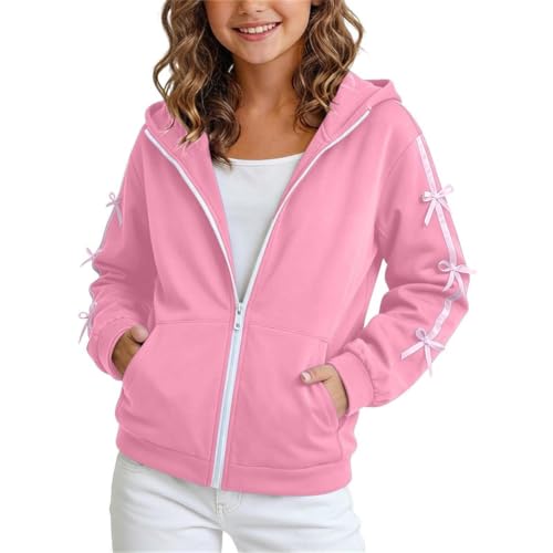 Girls Zip Up Hoodie Cute Bow Lightweight Sweatshirt Pullover with Hooded | Girls Zip Up Hoodie with Bow Details, Kangaroo Pockets, Soft Fabric, and a Relaxed Fit for Teens, Kids - image 2