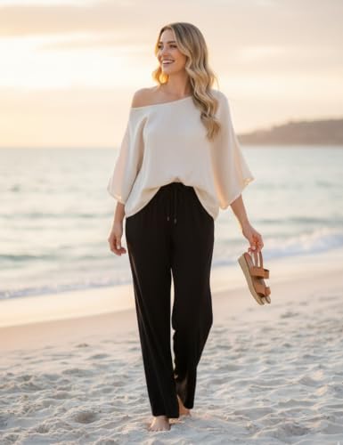 Aphratti Wide Leg Pants for Women Flowy Drawstring Elastic Waist Summer Pants Black X-Large - image 3