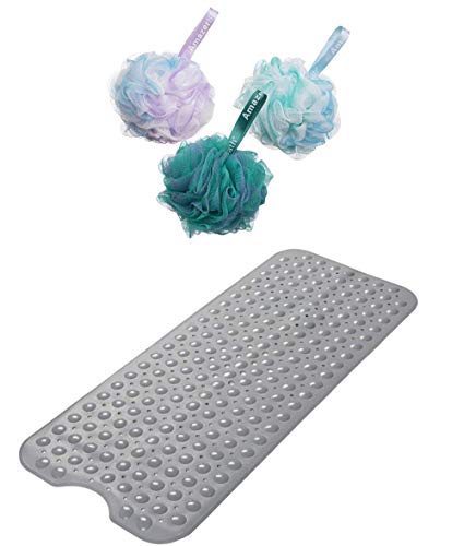 AmazerBath 39 x 16 Inches Non-Slip Shower Mats and Shower Sponge Bath Loofahs for Shower 75g for Body Wash Bathroom Men Women - Set of 3 (Flower Green-Blue-Purple)