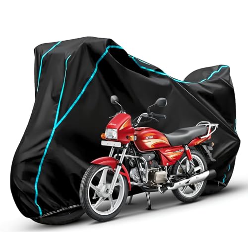 Image of Waterproof Bike Body Cover Compatible with Hero Splendor Dustproof Scratchproof - Motorcycle Cover for Two Wheeler, Outdoor Full Cover with UV, Duty, Rain Protection (Black & Aqua)