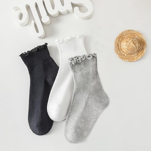 Image of 6 Pairs Ruffle Socks for Women Girls,Casual Cute Ankle Socks Breathable Knit Cotton Warm Soft Frilly Crew Sock