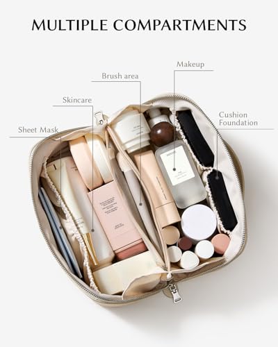 Image of EACHY Travel Makeup Bag, Lychee Leather Large Capacity Cosmetic Bag for Women, Open Flat Toiletry Bag with TPU Brush Compartment, Waterproof Skincare Organizer Travel Essentials